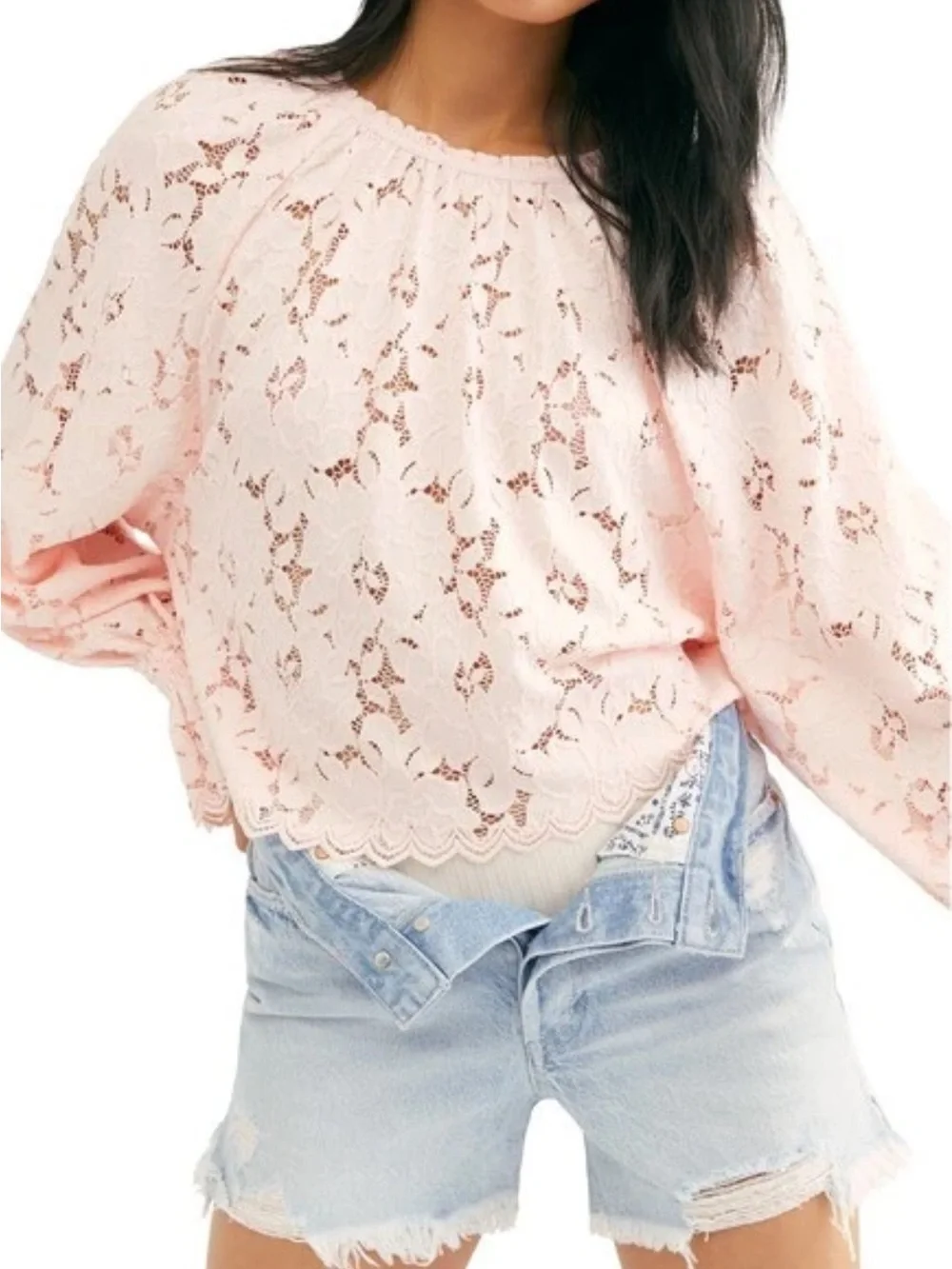 Free People Olivia Lace Top Blush Pink Balloon Sleeve Small